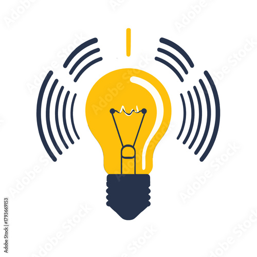 Glowing Yellow Light Bulb with Dark Blue Base Emitting Waves of Innovation on a White Background