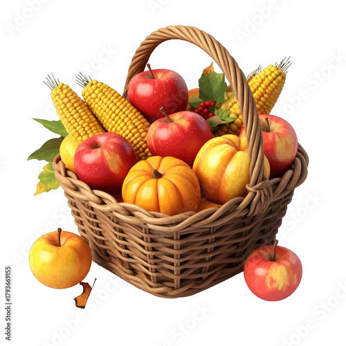 Abundant Harvest Bounty Basket Overflowing with Ripe Red Apples Golden Corn and Miniature Pumpkins with Autumn Leaves on a White Background