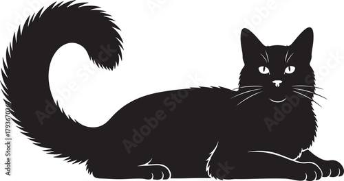 Black cat silhouette vector illustration of a domestic feline pet lying down calmly and looking forward with elegant whiskers and a curled tail, isolated on a clean white background.