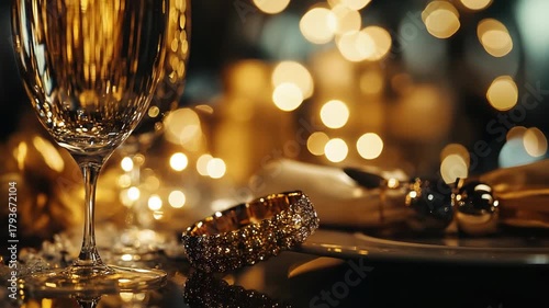 Luxury Festive Table Setting: Sparkling Bracelet and Wine Glass