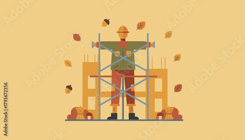 Autumn construction concept with worker standing on scaffolding surrounded by fall harvest items