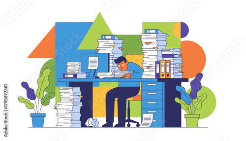 Stressed worker drowning in mountains of office paperwork and documents