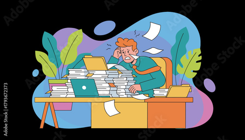 Overwhelmed businessman stressed by massive workload and documents at his office desk