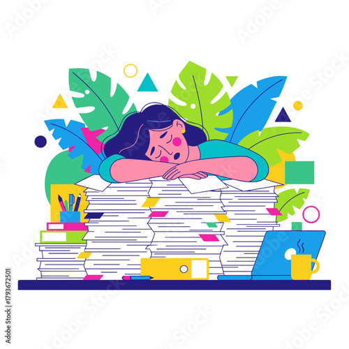 Tired woman sleeping on giant paperwork pile Burnout heavy workload stress illustration