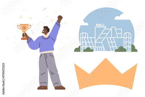 Person cheering with a trophy amid confetti, crown icon, modern shopping mall in circular frame. Ideal for success, celebration, leadership, luxury, business consumerism achievement. Simple flat