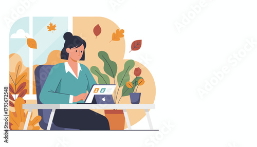 Woman working remotely on tablet in comfortable home office during autumn