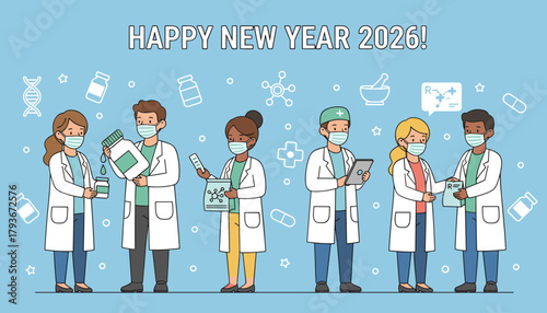 Diverse medical team in masks preparing medicine Happy New Year 2026 healthcare greeting card