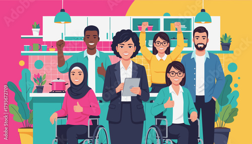 Diverse inclusive team in a colorful kitchen celebrating success and teamwork