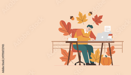 Overworked employee struggling with deadlines during the busy fall season