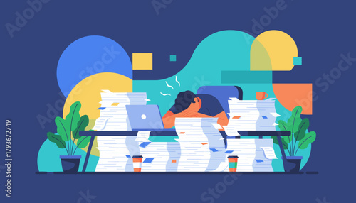 Professional sleeping at desk overwhelmed by excessive workload and deadlines Burnout concept