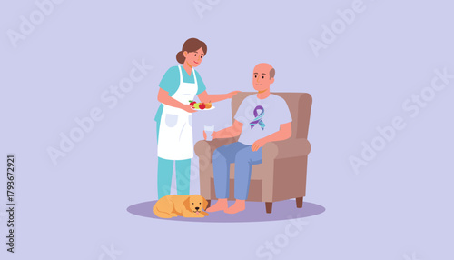 Home healthcare support nurse gives fruit and water to senior patient sitting with a dog