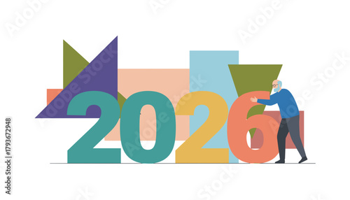 Elderly man pushing colorful 2026 numerals New Year future and transition concept
