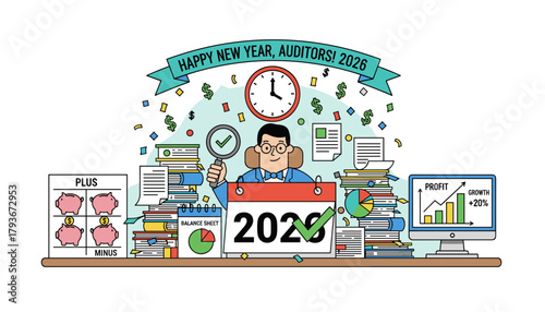 Auditor welcomes 2026 surrounded by successful financial documents and reports New Year accounting