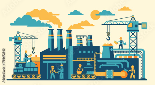 Factory production scene with workers cranes and smokestacks Heavy industry and manufacturing concept