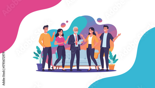 Business group collaborating Diverse team working together with a senior leader