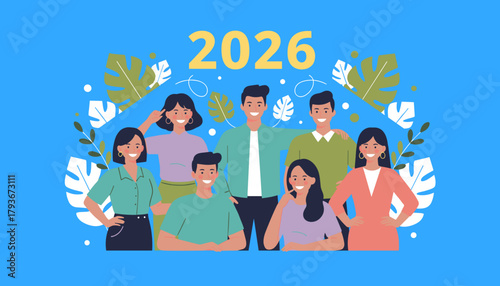 Smiling diverse group celebrating 2026 Teamwork future success and community concept