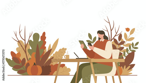 Woman works on tabletphone at autumn desk Remote work communication cozy fall productivity