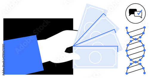 Hand offering cash, DNA strand representing genetics and science, consent checkmark inside speech bubble. Ideal for bioethics, genetics, financial agreement, healthcare policy, science funding