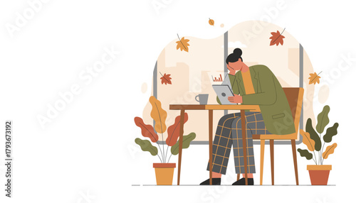 Woman using tablet for remote work and data analysis in an autumn setting