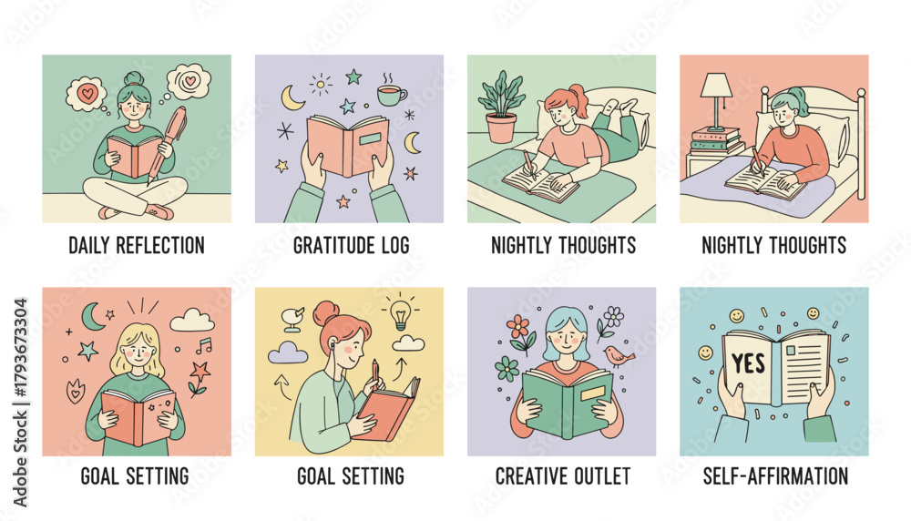 Fototapeta premium Selfcare journaling routine set reflection gratitude goals and creative outlets for mental health