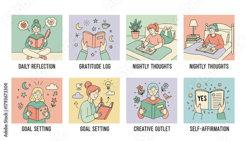 Selfcare journaling routine set reflection gratitude goals and creative outlets for mental health