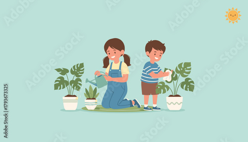 Happy children watering and caring for potted houseplants at home