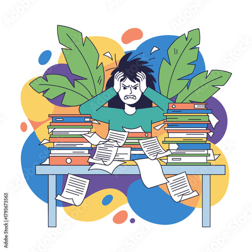 Burnout Stressed woman buried under excessive paperwork and office workload illustration