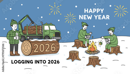 Developers logging into 2026 cartoon celebrating New Year coding forestry and winter concepts