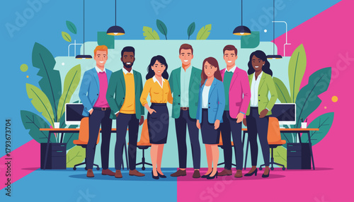 Smiling diverse professional team collaboration in a modern vibrant office setting