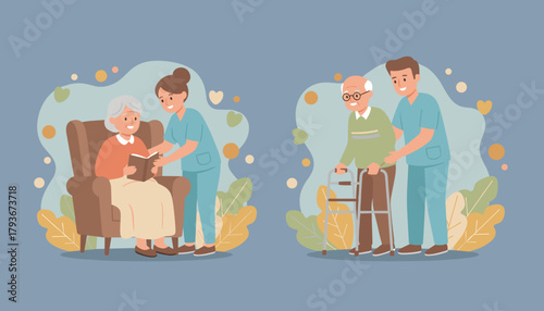 Professional nursing staff assists seniors with mobility and activity support