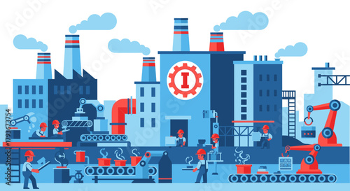 Industrial factory production line with workers and robotic automation