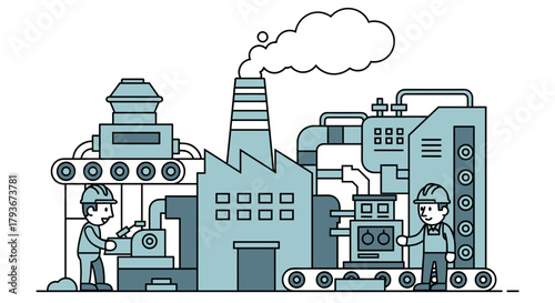 Industrial factory production line with workers machinery and chimney smoke