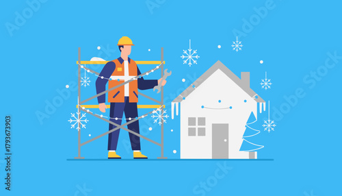 Winter home repair service Worker on scaffolding maintains a snowy house with holiday lights