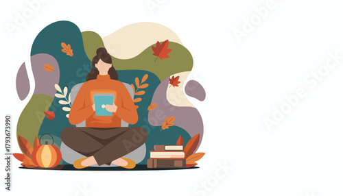 Cozy autumn reading Woman uses an ereader or tablet surrounded by fall leaves and books