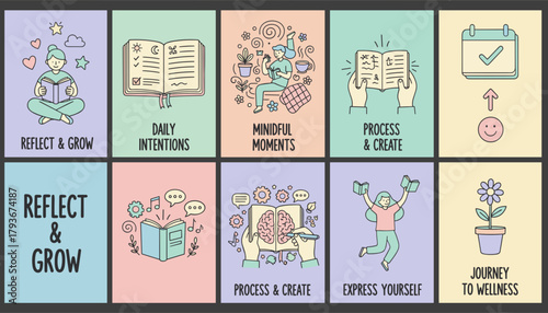 Selfcare and mental wellness doodles journaling reflection growth mindful moments and positive living