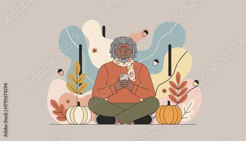 Senior man using smartphone in lotus pose enjoying cozy autumn season background