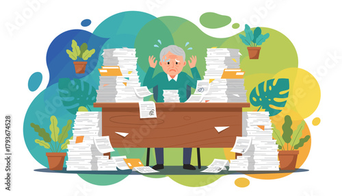 Overwhelmed senior worker drowning in huge piles of documents and excessive workload Vector illustration