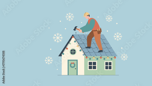Worker fixing a house roof during winter snowfall decorating for Christmas holidays
