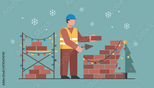Builder laying bricks in winter snow decorated with Christmas lights and a tree