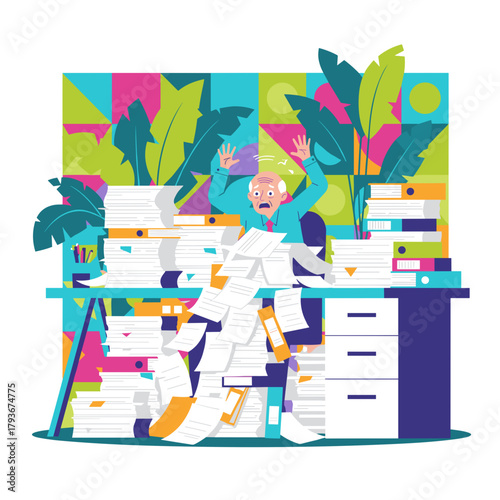Stressed worker drowning in documents and folders Illustration of overwhelming workload