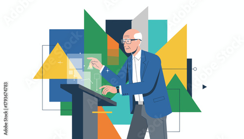 Senior speaker at a podium using a futuristic touch screen interface Modern business tech