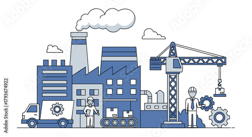 Industrial factory illustration Production logistics engineering workers and delivery truck
