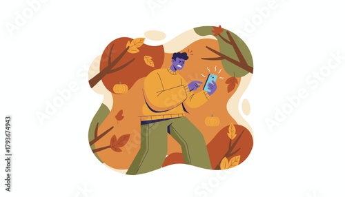 Frustrated man uses smartphone with a bad signal outdoors in the autumn season Digital stress concept