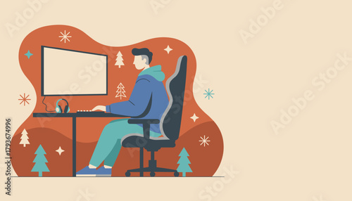 Young man using desktop computer in cozy home setting winter background illustration
