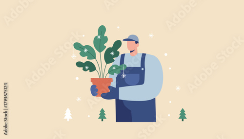 Man in overalls caring for a potted houseplant in winter Flat design vector illustration