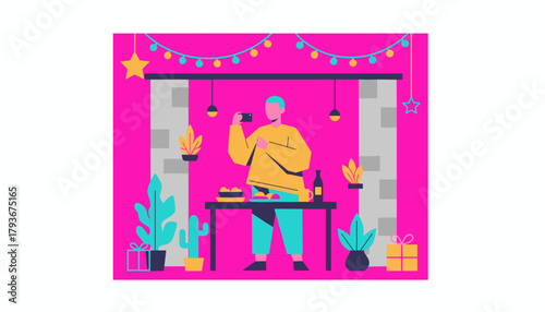 Colorful illustration of a person photographing festive food and drinks at a social gathering