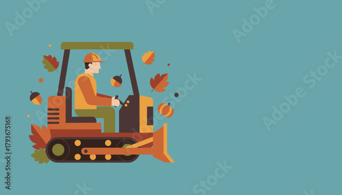 Construction worker operating heavy machinery during autumn fall harvest and labor concept illustration