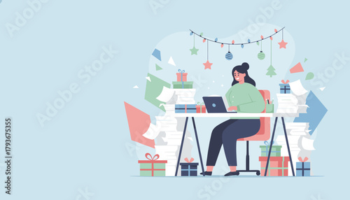 Happy woman working on laptop surrounded by chaotic Christmas deadlines