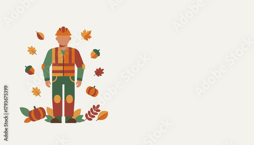 Construction worker in fall surrounded by autumn leaves and pumpkins
