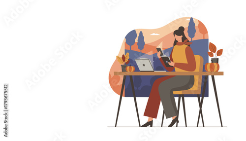 Professional woman using digital devices for remote work amidst a cozy autumn landscape